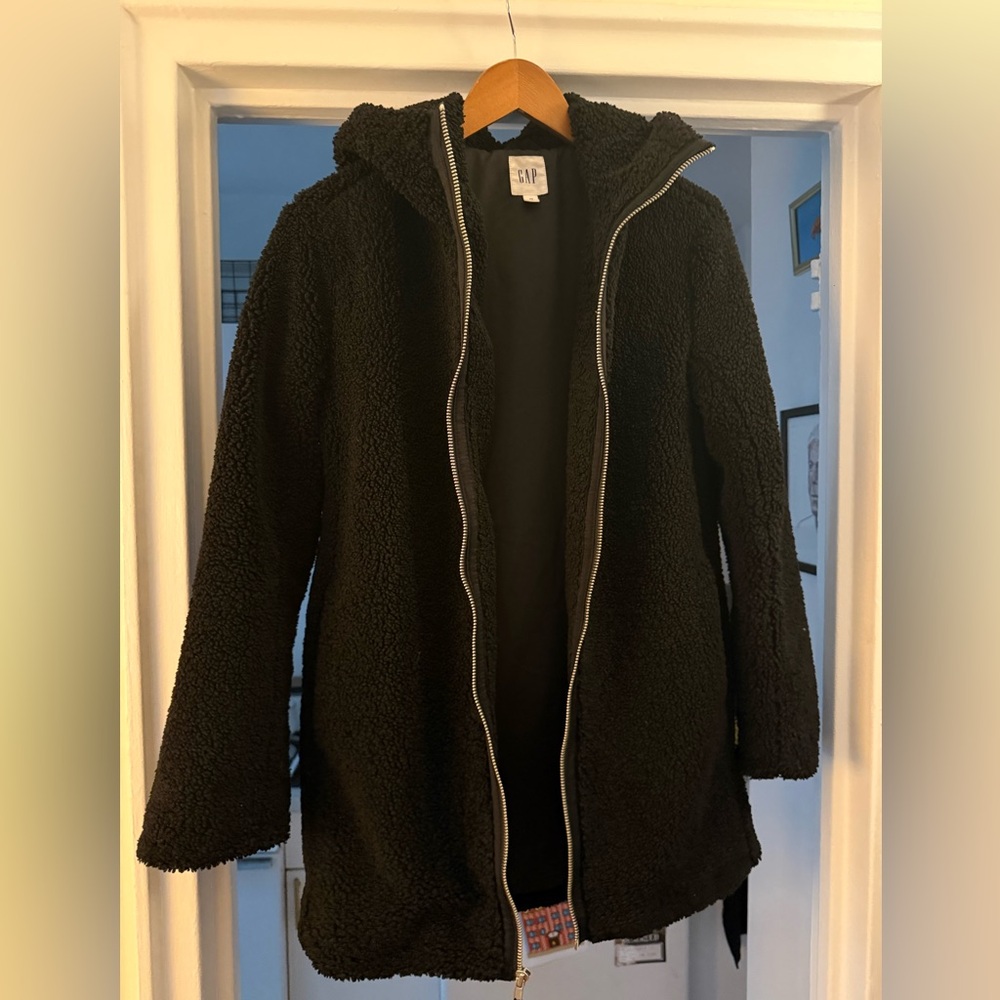 Gap womens black shearling zip-up coat